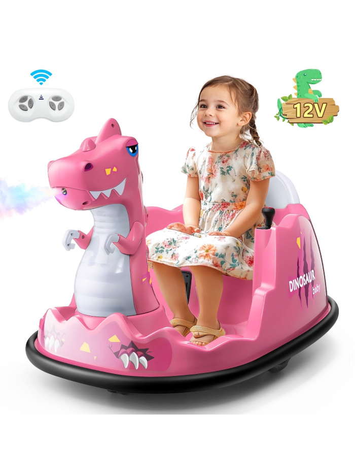 Funcid 12V Dinosaur Bumper Car with Remote Control, 360° Spin Ride on Toy for Toddler, Kids Electric Car for Ages 2+, Baby Bumper Car, LED Lights, Music, Pink