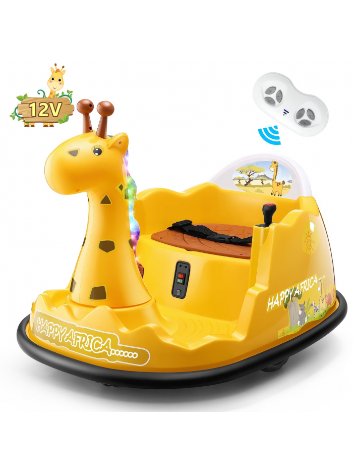 Funcid 12V Giraffe Bumper Car with Remote Control, 360° Spin Ride on Toy for Toddler, Kids Electric Car for Ages 2+, Baby Bumper Car, LED Lights, Music, Yellow