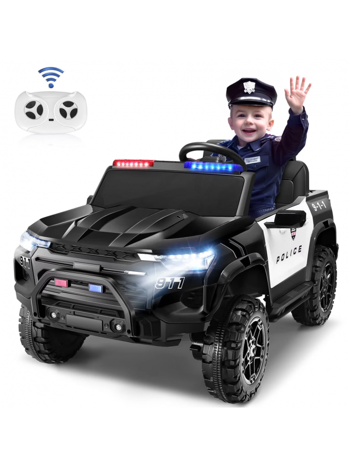 Funcid 24V 2-Seater Kids Ride on Police Car 4x4 Ride on Toys W/ Remote Control Battery Powered Ride on Electric Truck Car, Power Car Wheels W/ Police Siren, Speaker Bluetooth Music Lights Black-White