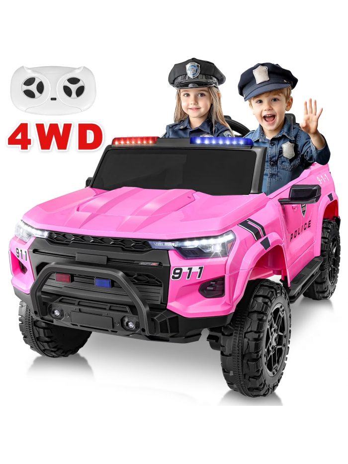 Funcid 24 Volt 2-Seater Ride on Police Car 4WD Ride on Toys W/ Remote Control Police Car for Kids Battery Powered Ride on Electric Truck Car W/ Police Siren, Speaker, Bluetooth, Music, Lights Pink