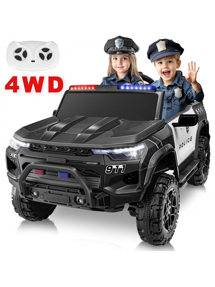 Funcid 24 Volt 2-Seater Ride on Police Car 4WD Ride on Toys W/ Remote Control Police Car for Kids Battery Powered Ride on Electric Truck Car W/ Police Siren, Speaker, Bluetooth, Music, Lights Black