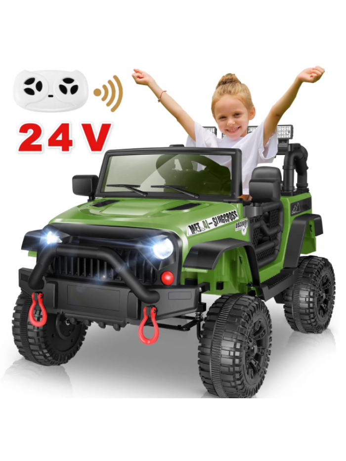 Funcid 24V Ride on Toys, Ride on Truck with Remote Control, Electric Car for Kids, Ride on Cars w/ Bluetooth, Music, LED Lights, 3 Speeds, Safety Belts, Green
