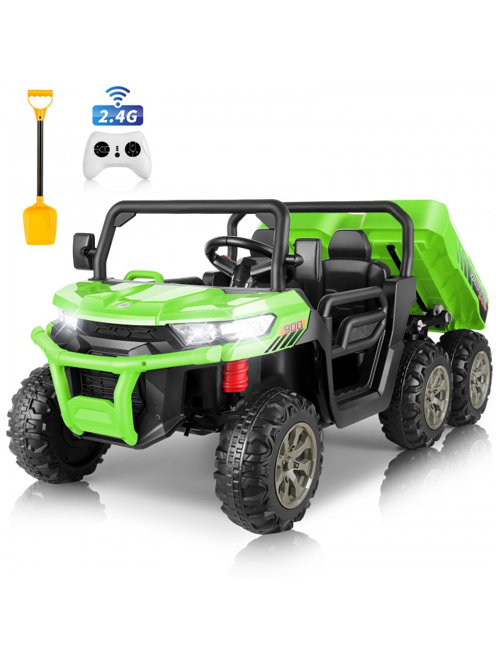 Funcid 24V Ride on Toys with Remote Control, 2 Seater Kid Ride on UTV, 4WD Ride on Dump Truck Car, Electric Battery Powered 6-Wheel UTV Toys w/ Tipping Bucket Trailer, Shovel, Bluetooth Music,Green