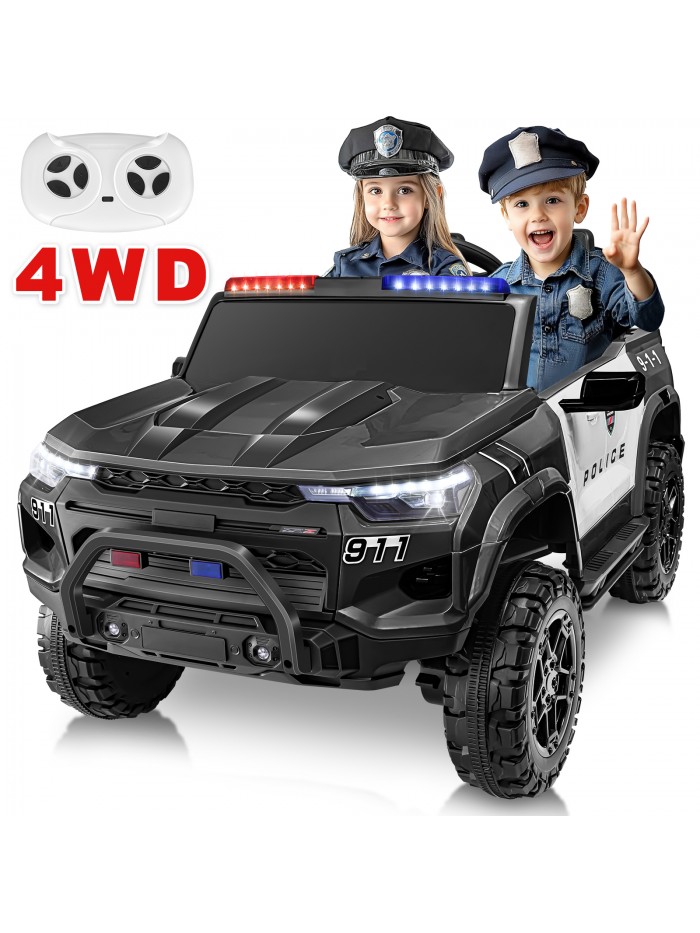 Funcid 24V 2-Seater Kids Ride on Police Car 4x4 Ride on Toys W/ Remote Control Battery Powered Ride on Electric Truck Car, Power Car Wheels W/ Police Siren, Speaker, Bluetooth, Music, Lights Black