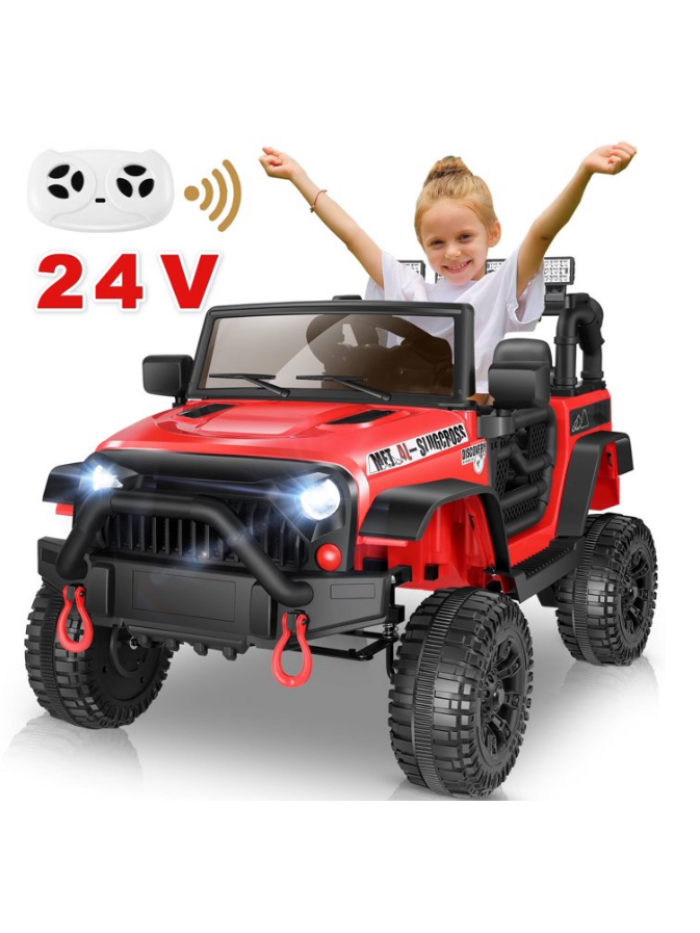 Funcid 24V Ride on Toys, Ride on Truck with Remote Control, Electric Car for Kids, Ride on Cars w/ Bluetooth, Music, LED Lights, 3 Speeds, Safety Belts, Red