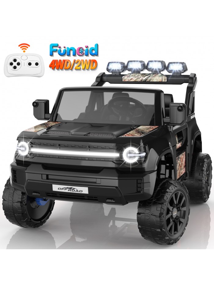 Funcid 24V 2-Seater Ride on Toys, 2WD/4WD Switchable 800W Ride on Truck, 7AH Battery Powered Ride on Cars with Remote Control, Electric Car for Kids w/ Bluetooth, Music, Spring Suspension, Black Funcid 24V 2-Seater Ride on Toys, 2WD/4WD Switchable 800W Ride on Truck, 7AH Battery Powered Ride on Cars with Remote Control, Electric Car for Kids w/ Bluetooth, Music, Spring Suspension, Black
