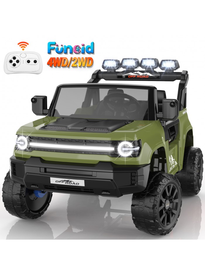 Funcid 24V 2-Seater Ride on Toys, 2WD/4WD Switchable 800W Ride on Truck, 7AH Battery Powered Ride on Cars with Remote Control, Electric Car for Kids w/ Bluetooth, Music, Spring Suspension, Green Funcid 24V 2-Seater Ride on Toys, 2WD/4WD Switchable 800W Ride on Truck, 7AH Battery Powered Ride on Cars with Remote Control, Electric Car for Kids w/ Bluetooth, Music, Spring Suspension, Green