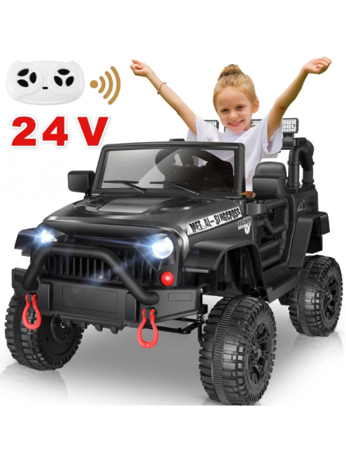 Funcid 24V Ride on Toys, Ride on Truck with Remote Control, Electric Car for Kids, Ride on Cars w/ Bluetooth, Music, LED Lights, 3 Speeds, Safety Belts, Black